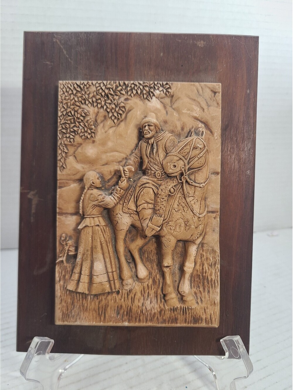 Vintage Hand Carved Horse, Man & Girl Resin Art Wood Plaque Stunning!